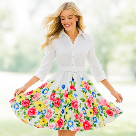 The Unbranded Brand Dresses & Skirts - Vintage Style White Floral Shirt Dress Large Belted Cotton Blend Cottagecore